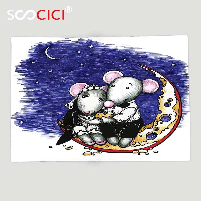 

Custom Soft Fleece Throw Blanket Animal Decor Mouse Couple Sitting on the Cheese Flavoured Moon Bride and Groom Valentines