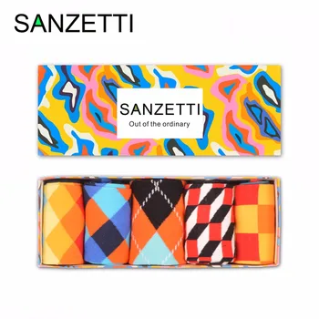 

SANZETTI 5 pairs/lot Gift Box Cool Men's Wedding Socks Gradient Pattern Brand Causal Combed Cotton Crew Colorful Street wear