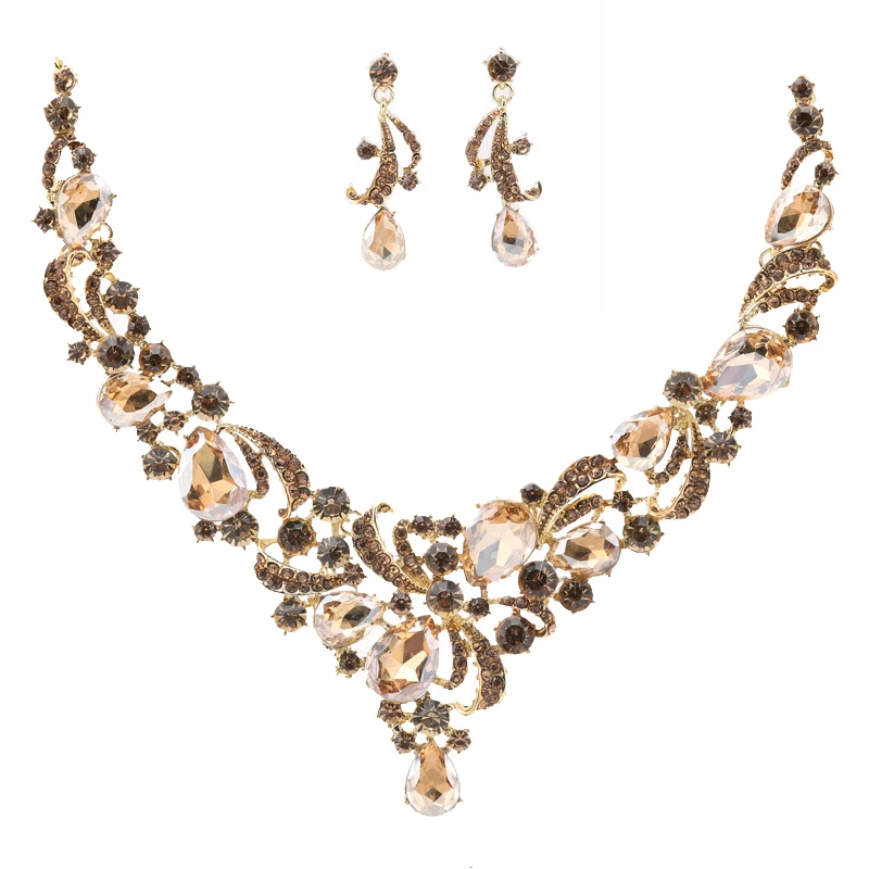 New Women Rose golden peach color Jewelry sets rhinestone glass
