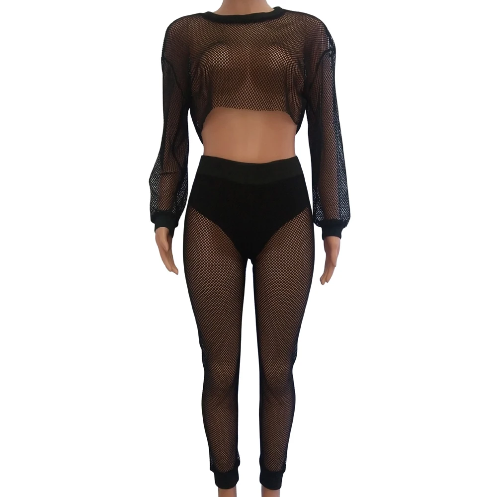 Two Pieses Set Women Jumpsuits Long Sleeve Sexy See Through Mesh Slim High Waist Hollow Out Fishnet Night Club Party Romper Two Pieses Set Women Jumpsuits Long Sleeve Sexy See Through Mesh Slim High Waist Hollow Out Fishnet Night Club Party Romper