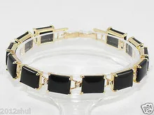 

Rare K GP Black jade bracelet 7.5 ~ 8" Girl Woman MEN Quartz jewelry 2 pcs Lustrous 14k Gold Plated