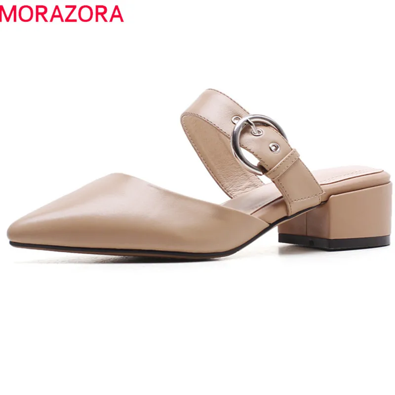 

MORAZORA 2020 genuine leather new arrive women slippers simple buckle summer shoes pointed toe med heel mules shoes