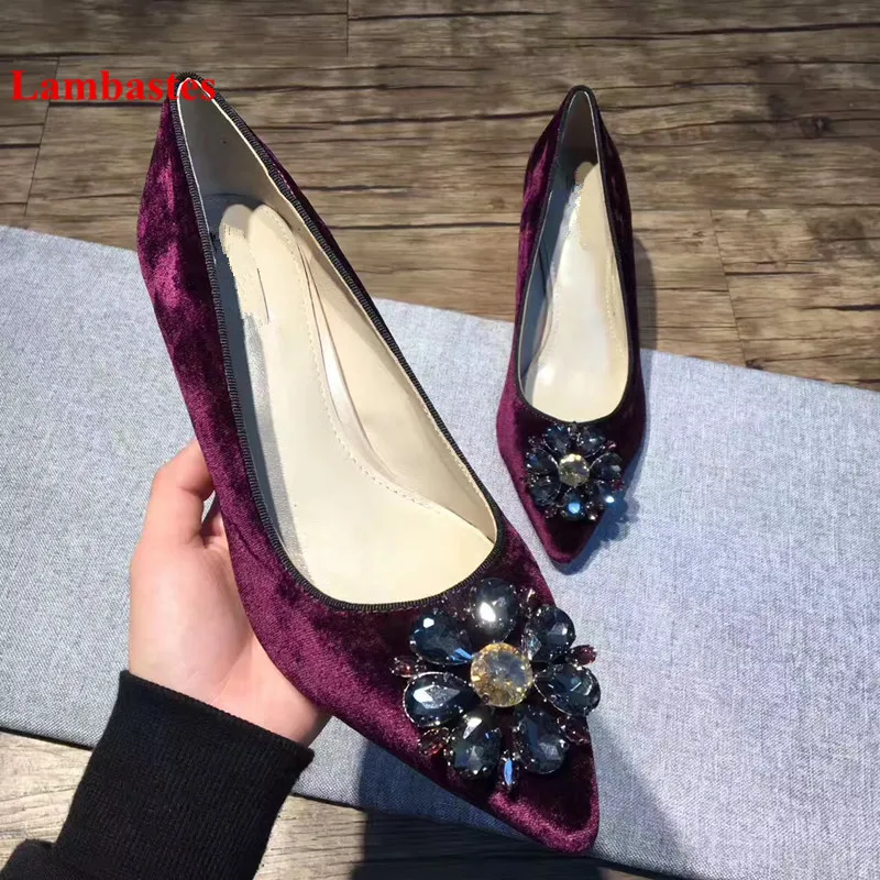 

2019 Spring Hot Pump Women Shoes Bling Luxury Crystal Flower Designer Velvet Women Pumps Pointed Toe Solid Shallow High Heels