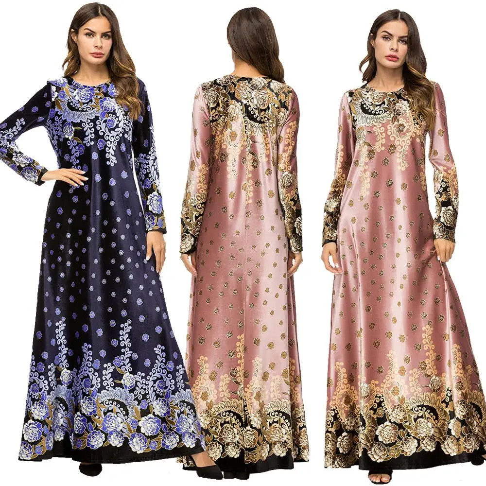 

Women Maxi Dress Muslim Floral Print Gown Party Cocktail Dubai Robe Long Sleeve