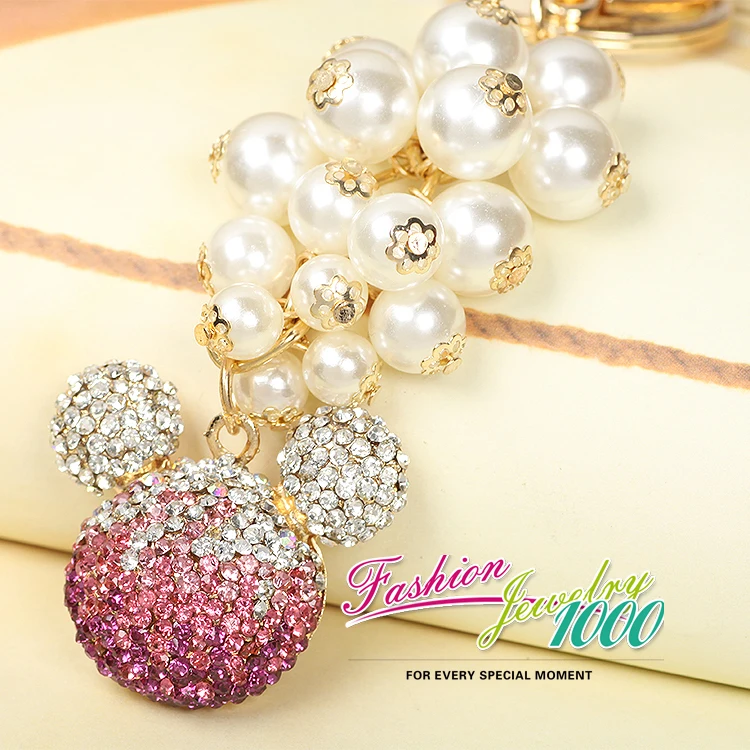Pearl Tassel Mouse Head Keychains Keyring Fashion Rhinestone Animal Alloy Key Chain For Women Gift Charms