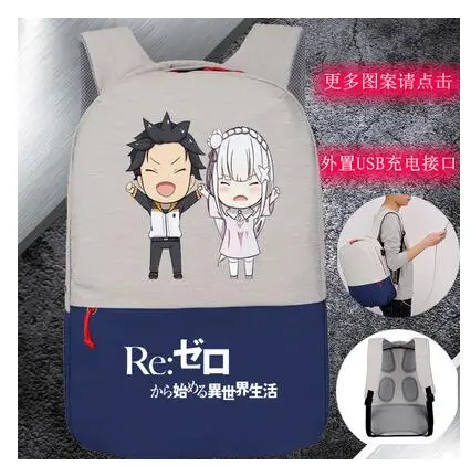 

New designed High Q anime re:life in a different world from zero backpacks unisex waterproof USB charge backpack for student