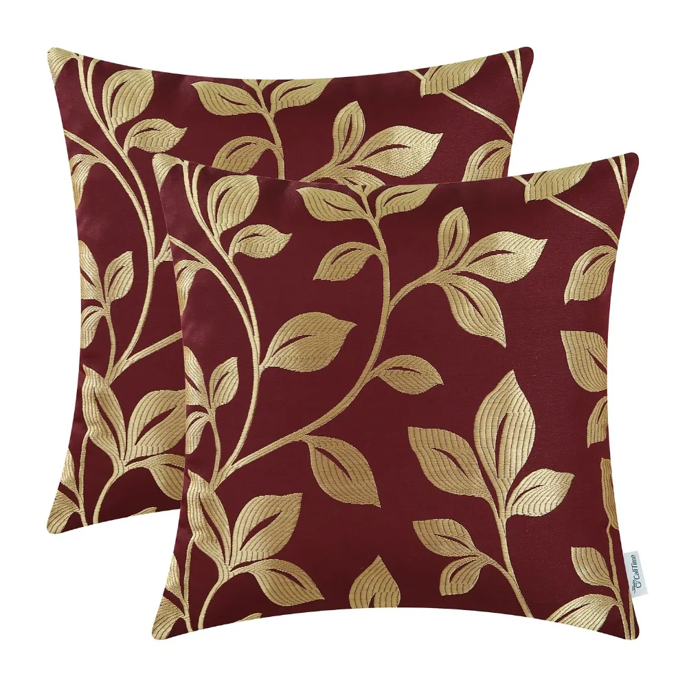 

2PCS CaliTime Cushion Cover Pillows Shell Home Sofa Decor Bedding Gold Big Leaves 18" X 18"(45cm X 45cm) Burgundy