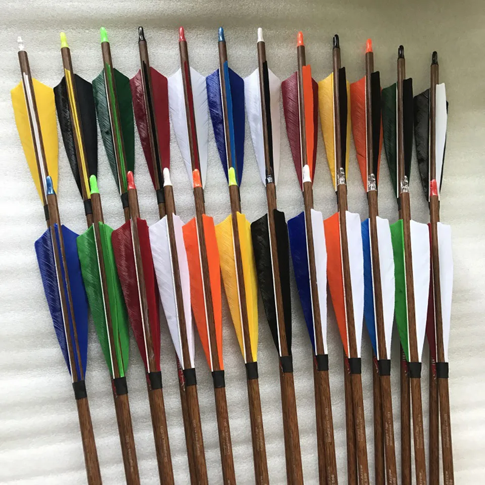 

12pc 32 inch Wood Skin Carbon Arrows Spine 400 450 500 550 600 With 5" Turkey Feather for 20-50 lbs Longbow Recurve Bow Hunting