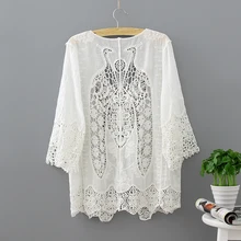Hollow Out White Lace Blouse Kimono Summer 2017 Cotton Loose Woman Shirt Fashion Half Sleeve Kimono Cardigan Blouses Women 1806 lace panel kimono sleeve tee