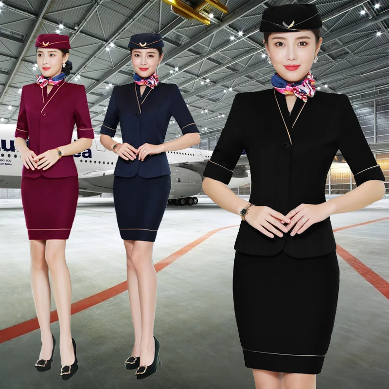 

IZICFLY New Summer Airline Steward Waiter Clothes Restaurant Ktv Hotel Reception Waitress spa Uniforms Cafe Skirt Suit Work Wear