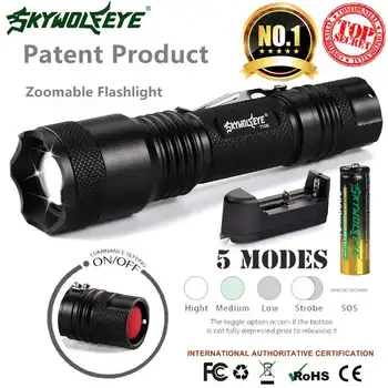 

2 x 15000Lm SkyWolfEye Tactical Aluminum Flashlight T6 5Modes Zoomable + Battery outdoor travel night lighting flashlight #3J23