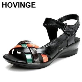 

HOVINGE 2018 summer new Mother sandals elderly fashion casual Leather Female flat sandals hollow large size women sandals 41 42