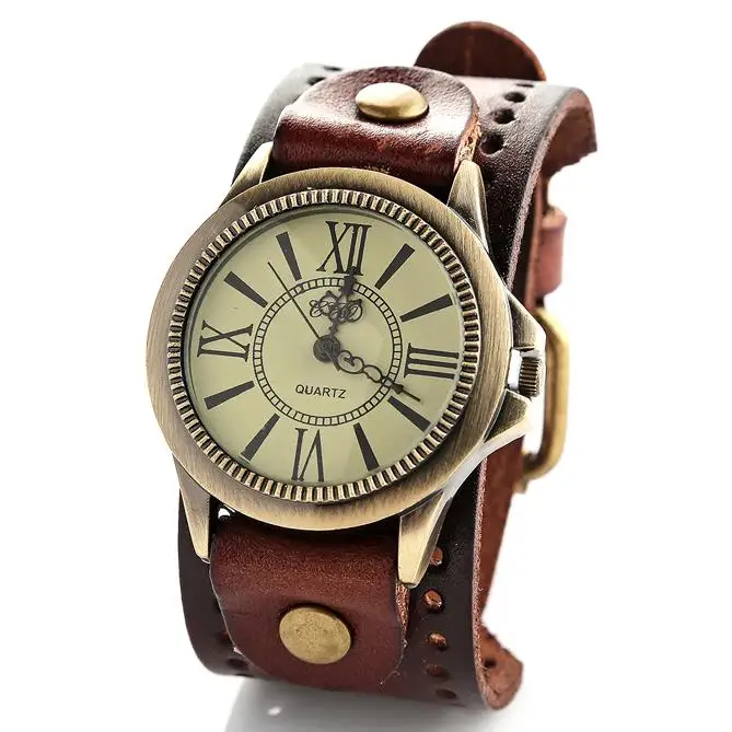 2014 New Unisex Vintage Punk with Wide Leather Band Big Dial Watch