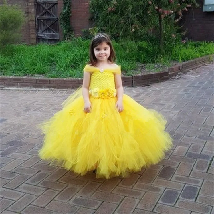 Платье-пачка принцессы Белль Вечерние Платья с цветочным узором для девочек желтый Детский костюм для косплея