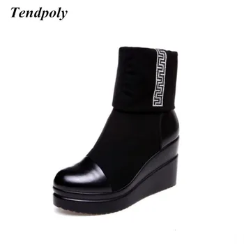 

New fashion leather high-heeled boots autumn and winter elastic cloth thick warm boots women's hot wild was thin casual shoes