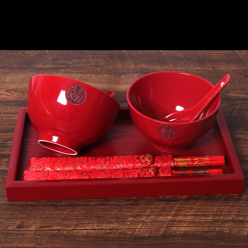 

Chinese red double happiness ceramics wedding dinnerdowry gift bowl chopsticks spoon tray dinnerware ceramic tableware set