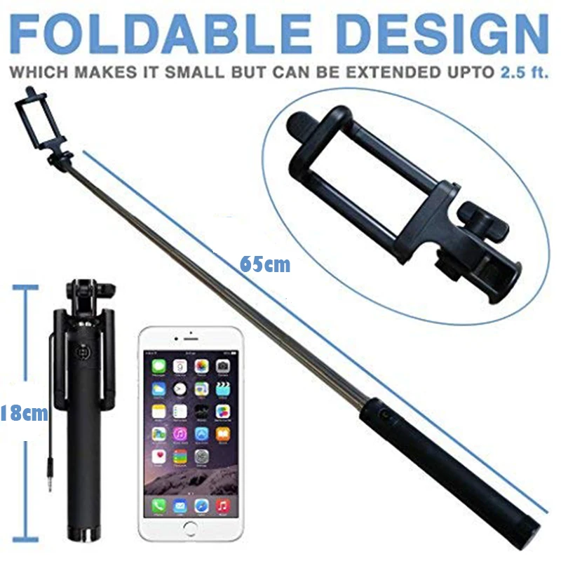 Ascromy выдвижной проводной Ручной селфи палка Selfiestick 3,5 мм Aux кабельный монопод для iPhone iOS Android Аксессуары для мобильных телефонов