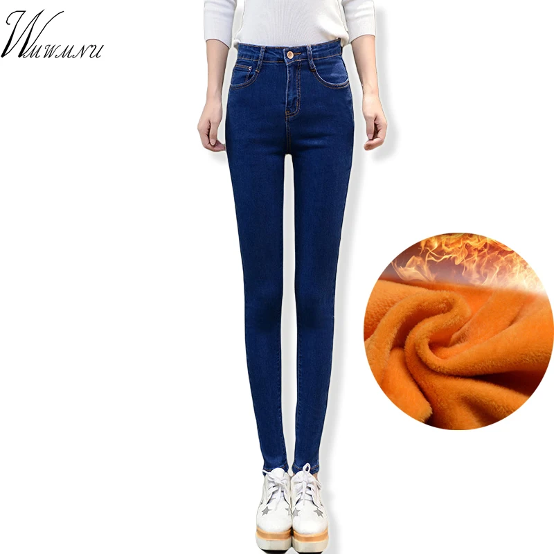 

Winter women's basics Thick warm denim pants Casual stretch skinny pencil jeans Fashion Mom's slim waist warm big size jeans