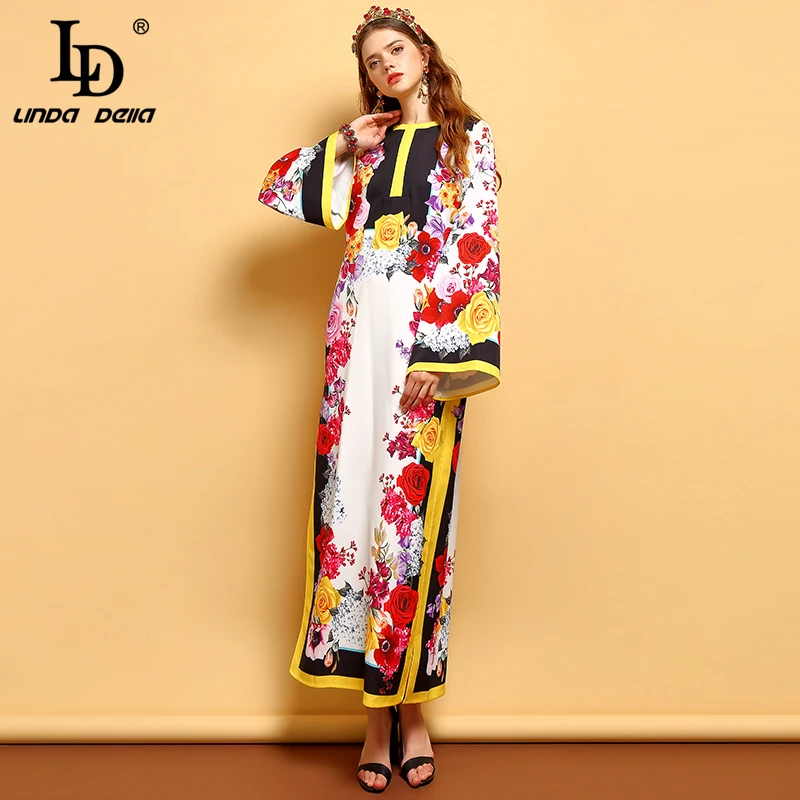 LD LINDA DELLA Herfst Mode Losse Vakantie Jurk vrouwen Flare Mouwen Bloemen Gedrukt Side slit Casual Elegante Maxi Lange jurk LD LINDA DELLA Herfst Mode Losse Vakantie Jurk vrouwen Flare Mouwen Bloemen Gedrukt Side slit Casual Elegante Maxi Lange jurk