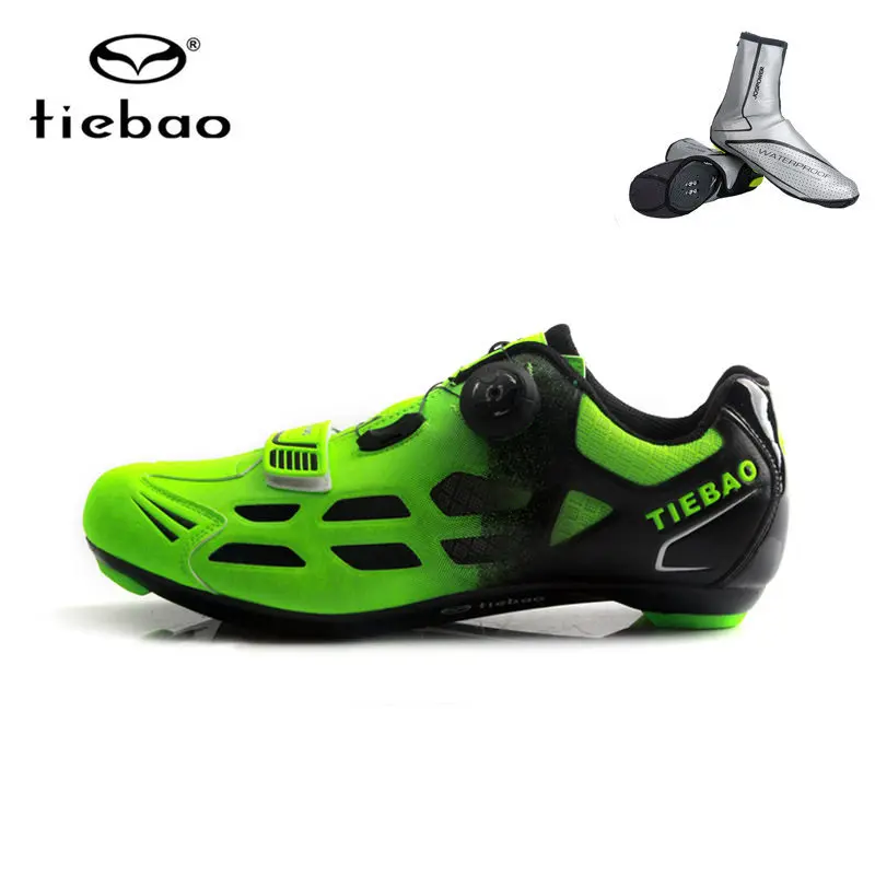 Tiebao/Обувь для шоссейного велоспорта для мужчин и женщин; обувь для гоночного велосипеда; самоблокирующиеся MTB кроссовки; дышащая профессиональная велосипедная спортивная обувь - Цвет: green with cover