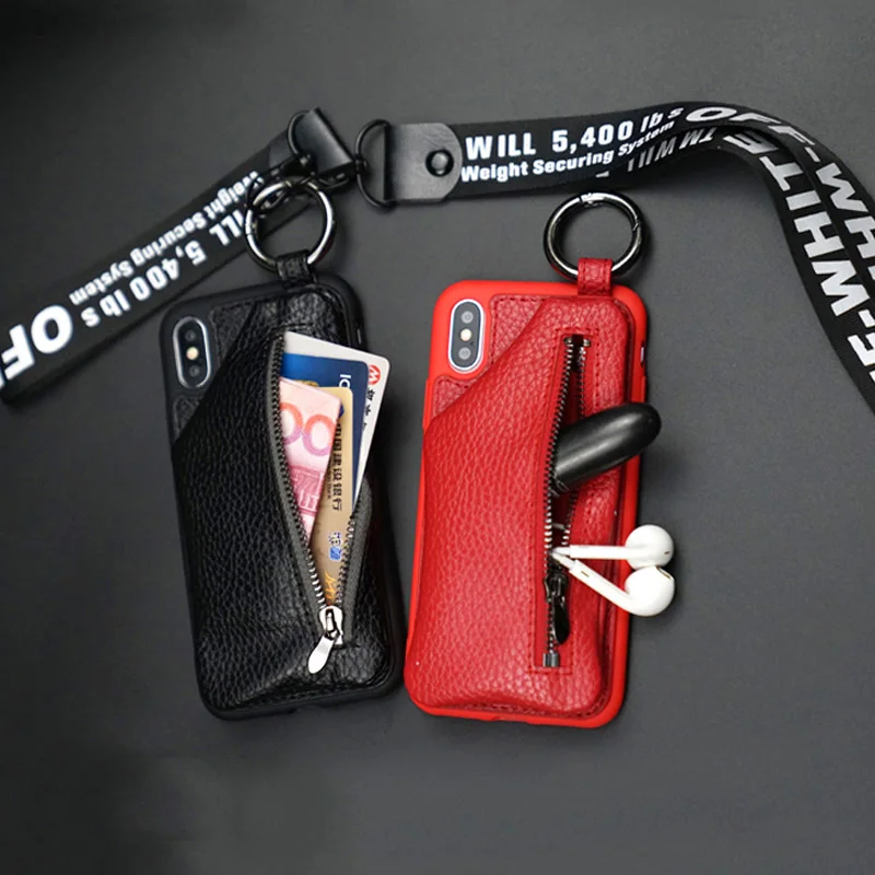 

Wrist strap Lanyard case for iphone XS 7 8Plus 6s Women Soft TPU Anti-fall protective zipper Wallet Fundas For iphone x xs max