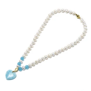 

8-9 mm Long and Pure white pearl Beads the Transparent Blue Beads Add Bluish Green heart-shaped 25x24x6 mm Pendant necklace