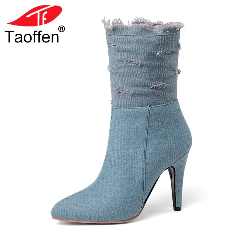 TAOFFEN Fashion Plus Size 28-50 Ripped Denim New Arrival Mid-calf Boots Women Winter High Heels Boots Woman Shoes Footwear ripped high low denim hooded dress