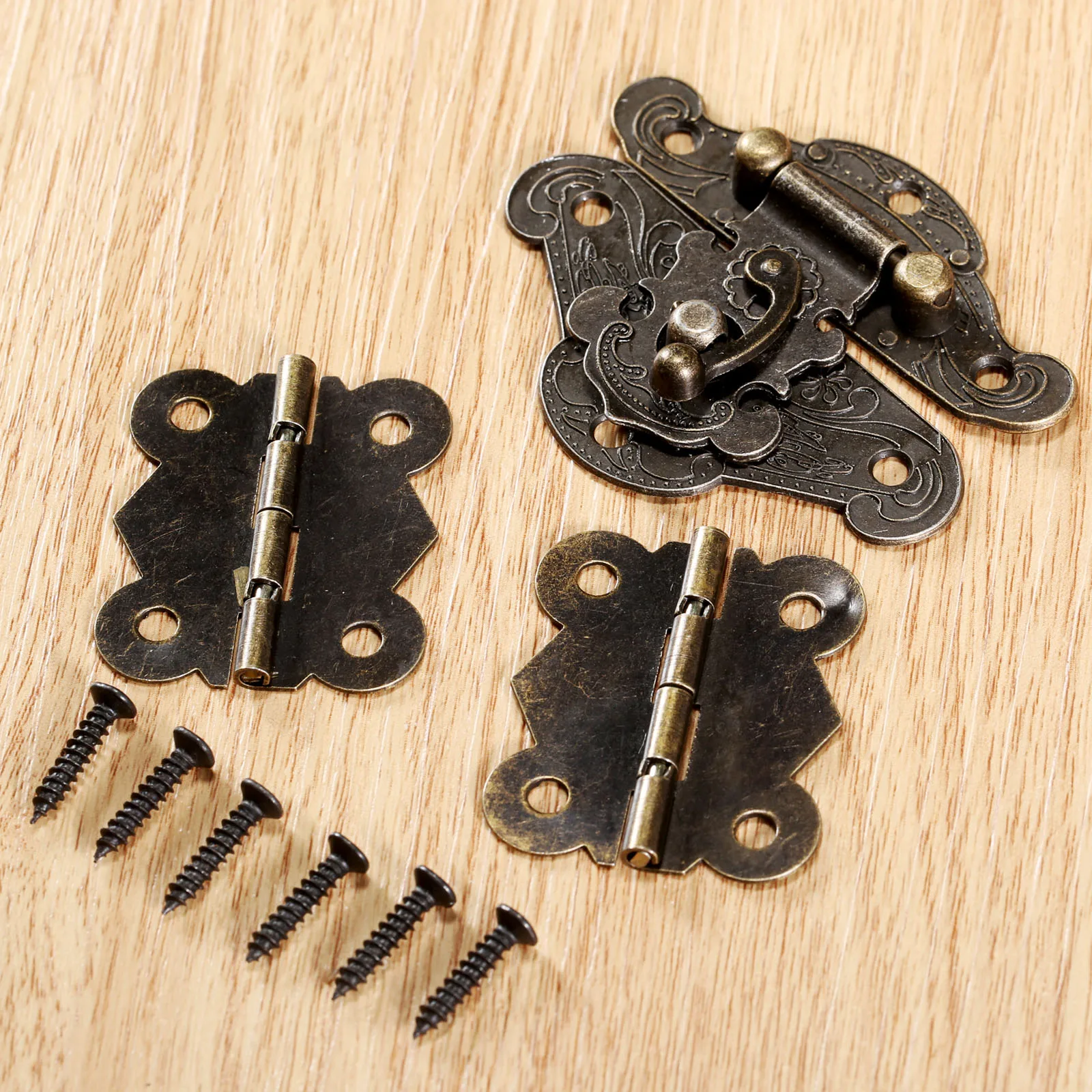 1Pc Antique Bronze Jewelry Wooden Box Case Toggle Hasp Latch +2Pcs Cabinet Hinges Furniture Accessories Iron Vintage Hardware