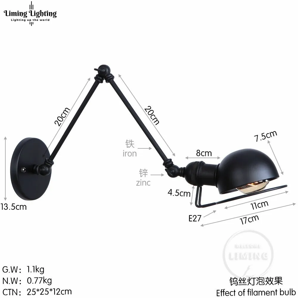 Ретро винтажный промышленный стиль лофт креативный минималистичный настенная лампа с длинным кронштейном регулируемая ручка металлический деревенский Светильник Бра Светильники