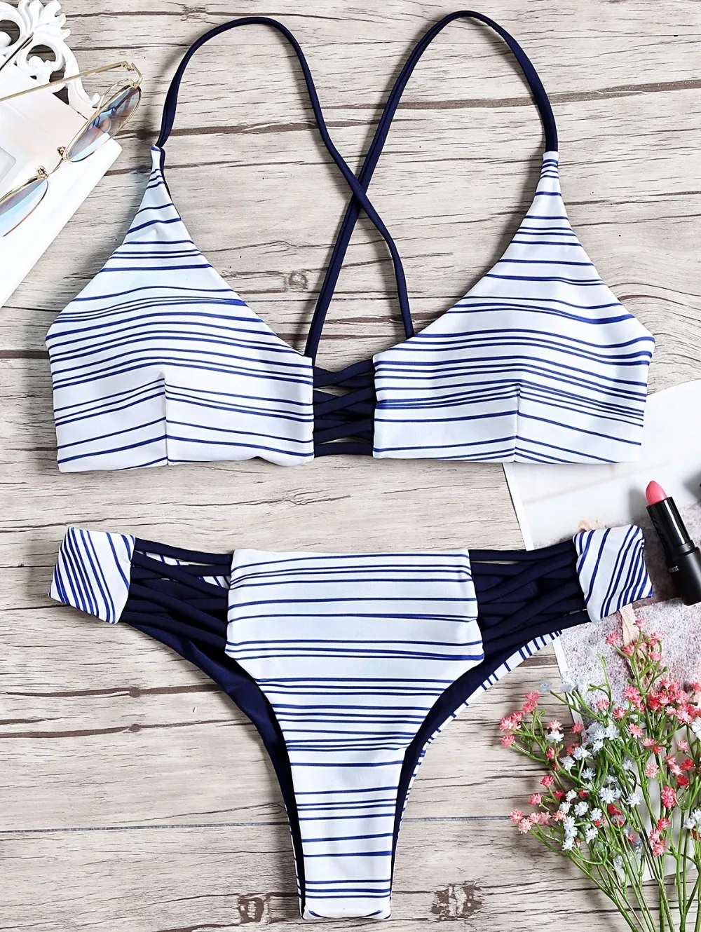 Crisscross Striped Spaghetti Strap Tankini Set main image 1