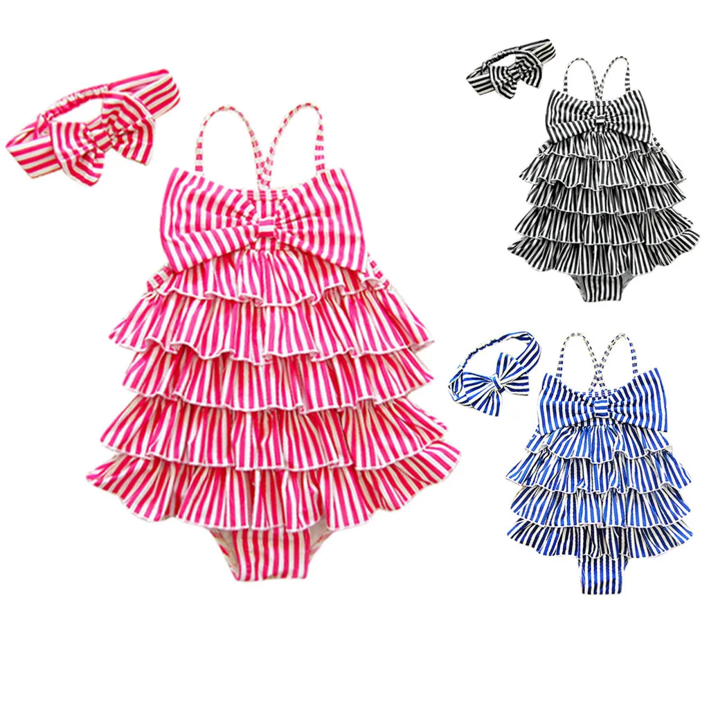 SAGACE/купальный костюм в полоску с бантом для девочек; Детский комбинезон+ повязка на голову; пляжная одежда для маленьких девочек; купальный костюм для маленьких девочек