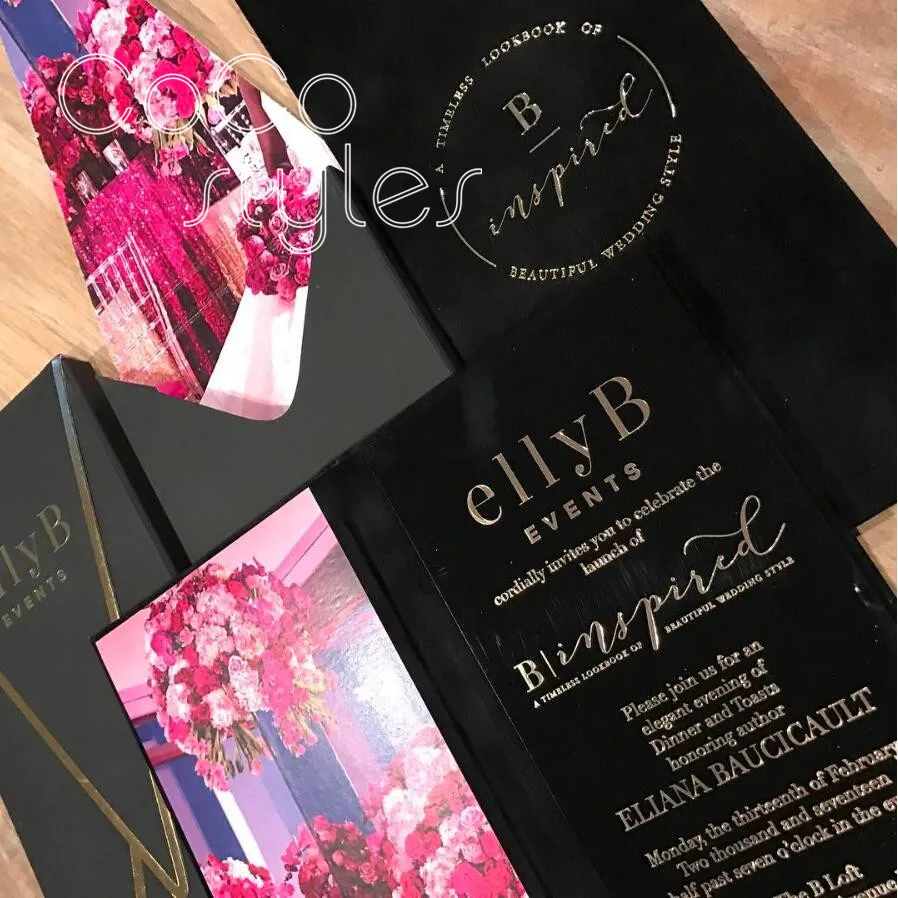  Cocostyles customized luxe gold foiling black hard cover invitation card book with pocket inside fo - 32892543631