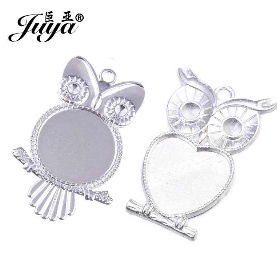 

JUYA 5pcs/lot 25mm Owl Shape 2 Styles Cabochon Settings Bezel Blank Trays Fit Round/Heart 25mm Glass Pendant DIY Jewelry Making