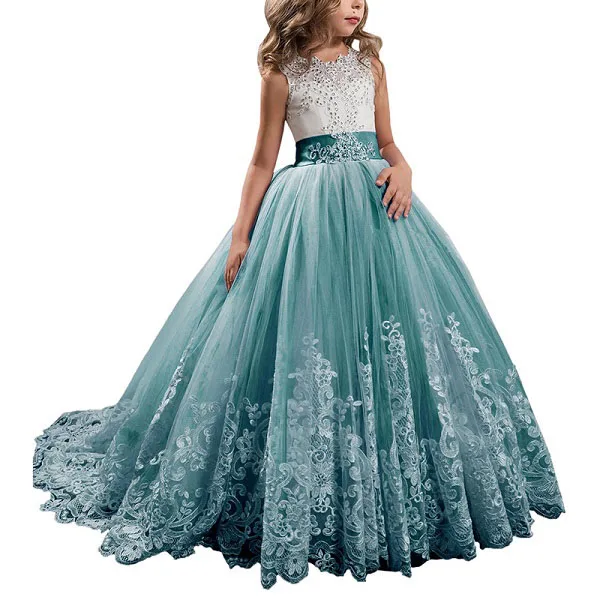 Платья с цветочным узором для девочек на свадьбу, кружевное платье с вышивкой и бусинами и бантом, платье для выпускного бала для девочек - Цвет: teal green
