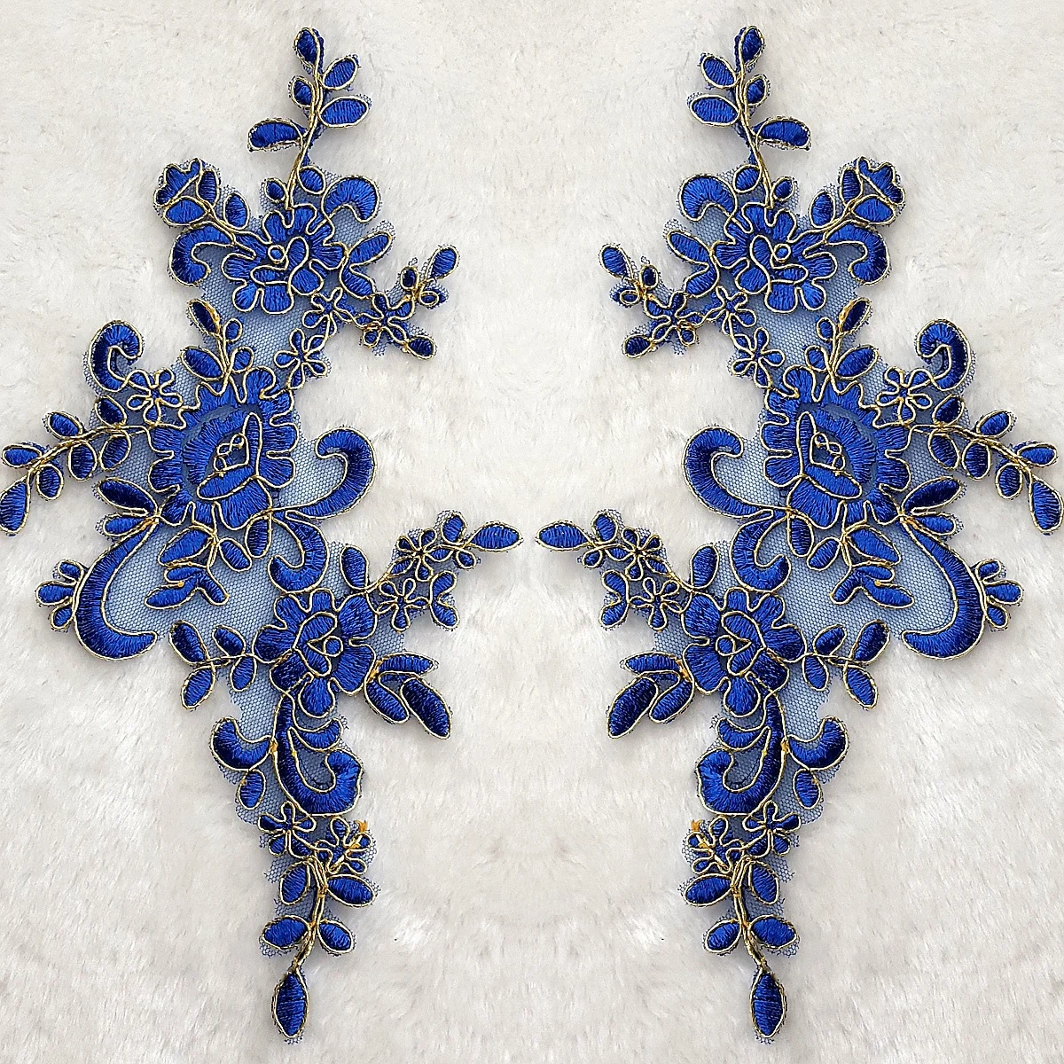 

Nice 1 Pair Fine Lace Fabric Blue Golden Edge Patches Embroidered Trim applique Dress Decoration