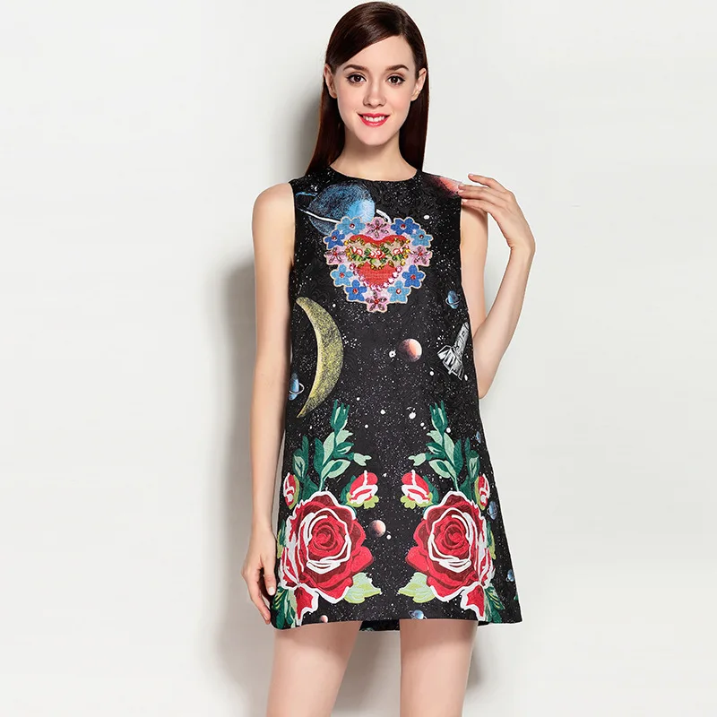2018 Summer Newest O-Neck Sleeveless Rose Embroidery Star Print Diamonds Above Knee Fashion Loose A-Line Tank Dress Women 2018 Summer Newest O-Neck Sleeveless Rose Embroidery Star Print Diamonds Above Knee Fashion Loose A-Line Tank Dress Women
