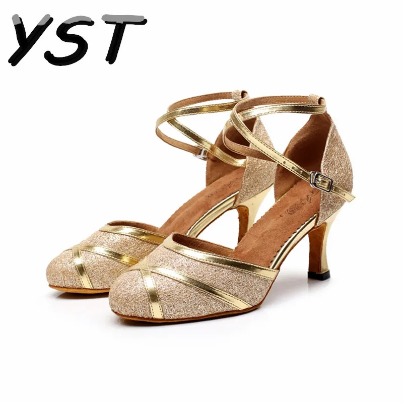 Buy Women Latin Dance Shoes Black Gold PU Ladies Ballroom Dancing Shoes Heels