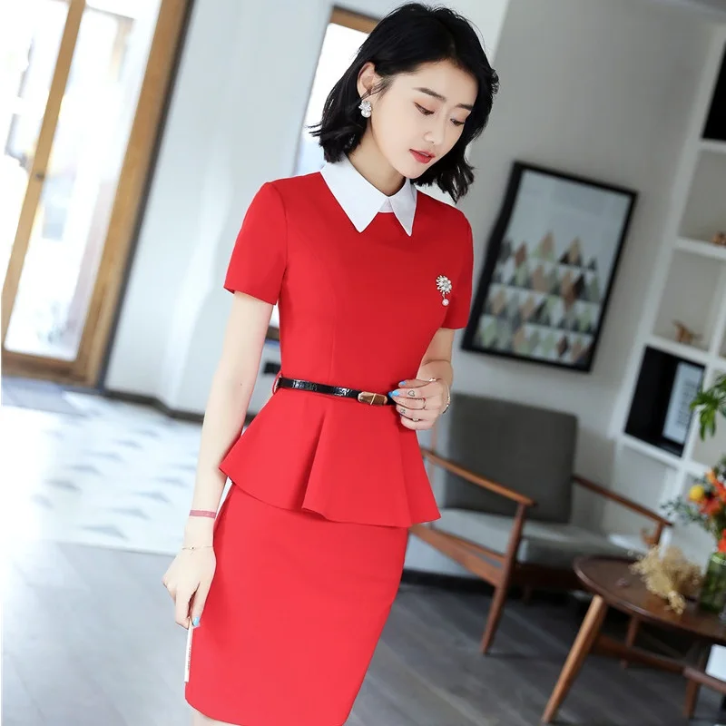 

Fashion Red 2018 Summer Uniform Styles Skirt Suits With 2 Piece Tops And Skirt For Women Beauty Salon Blazers Sets With Belt