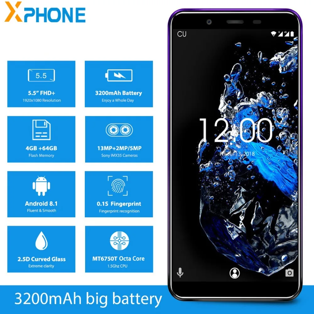 

OUKITEL U25 Pro 4GB 64GB Mobile Phone 5.5" 2.5D Incell Display 13MP+2MP/5MP Android 8.1 MT6750T Fingerprint ID OTG 4G Smartphone