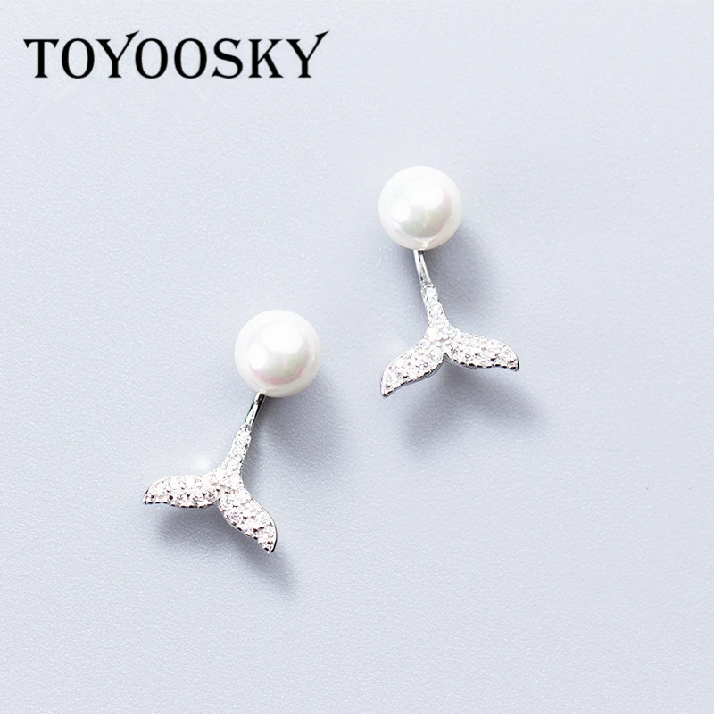 TOYOOSKY s925 Стерлинговое Серебро Имитация жемчужной сережки трендовые прозрачные серьги-гвоздики с фианитом в виде рыбьего хвоста