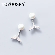 TOYOOSKY s925 Стерлинговое Серебро Имитация жемчужной сережки трендовые прозрачные серьги-гвоздики с фианитом в виде рыбьего хвоста