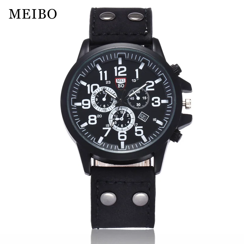 Горячие продажи три глаза кожаные часы Мужские Военные Спортивные кварцевые наручные часы Relogio Masculino с календарем - Цвет: Black