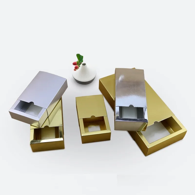 

100pcs/lot Luxury Bright Golden paper sliding box, 5 Sizes cardboard drawer box, Silver slide box Custom gift box for party