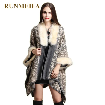

[RUNMEIFA] 2017 The brand new autumn and winter large loose imitation fox fur shawl printed knit cardigan coat Cloak