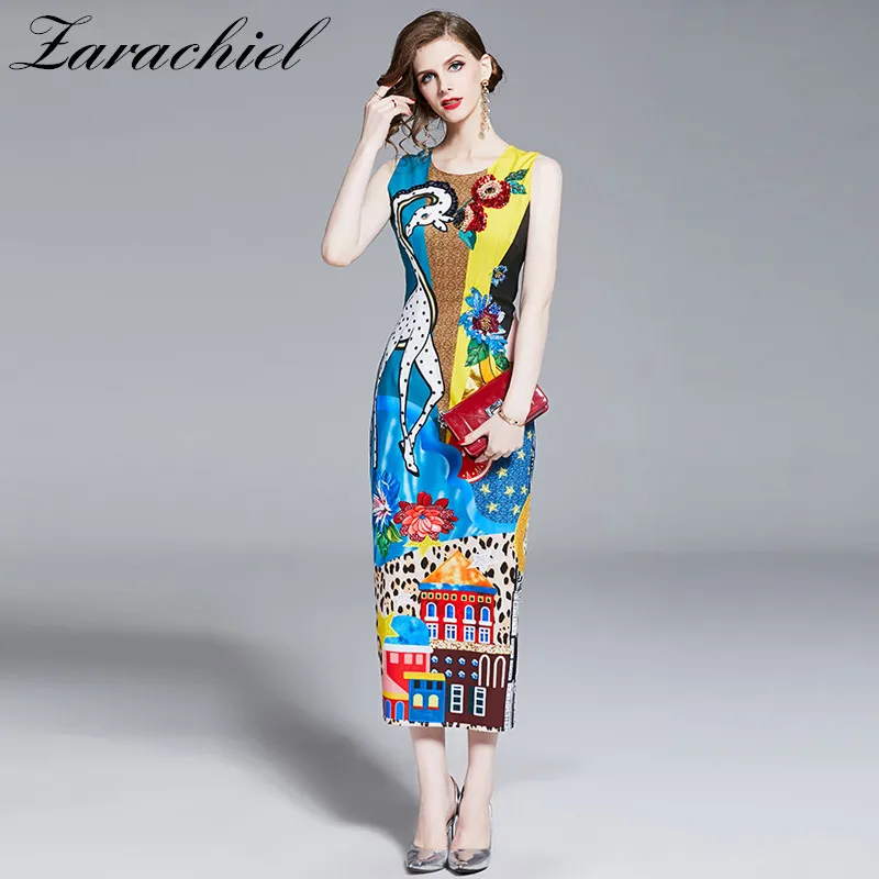 

2019 Fashion Designer Summer Runway Dress Women's Sleeveless Tank Animal Print Beading Sequined Flower Back Split Long Dress