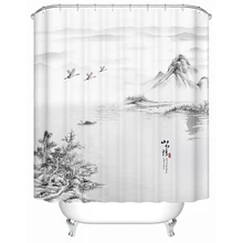 Rideau de douche noir et blanc avec crochets, peinture traditionnelle chinoise à l'encre et au lavage, peintures de paysage, Conception artistique