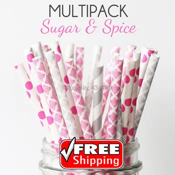 

200pcs Mixed 4 Designs SUGAR & SPICE Themed Paper Straws - Hot Pink and Silver-Damask,Dot,Stripe-Wedding,Bridal,Baby Shower Bulk