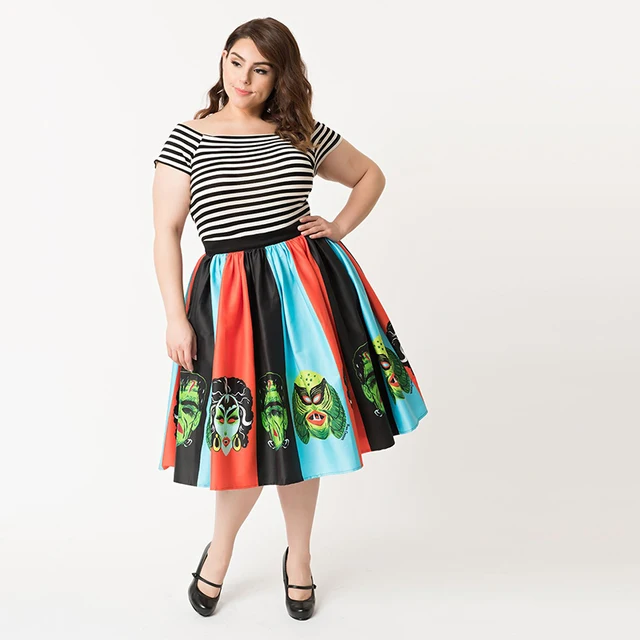 Halloween Skirts Women Spooky Patterns Mosaic Retro Style Vintage Plus