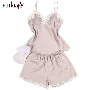 

Fdfklak Women Clothes 2017 Summer Faux Silk Sleeveless Tracksuit Satin Pyjamas Family Set Pajamas Silk Pajama Set Night WearQ375