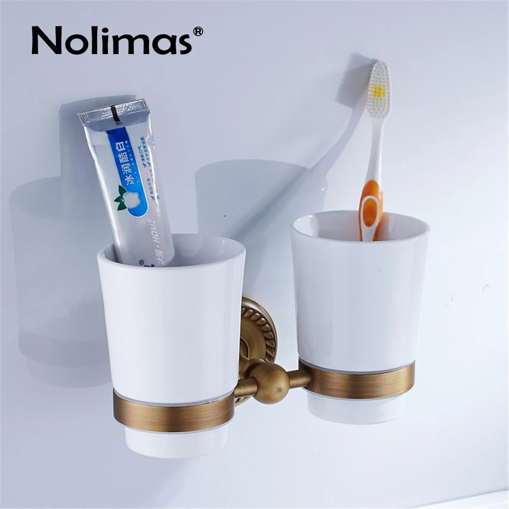 Brass Toothbrush Holders With Two Ceramics Cups Antique Wall Mounted